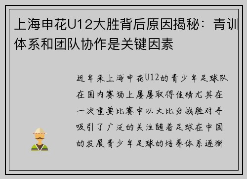 上海申花U12大胜背后原因揭秘:青训体系和团队协作是关键因素 上海申花U12大胜背后原因揭秘:青训体系和团队协作是关键因素
